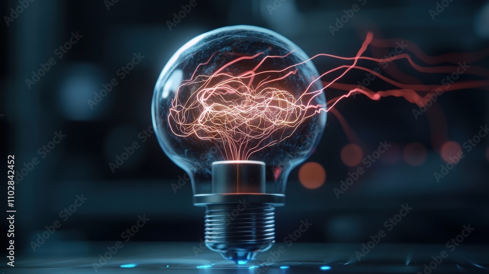 Poster a creative concept of an illuminated light bulb with electric pulses and abstract energy waves repre
