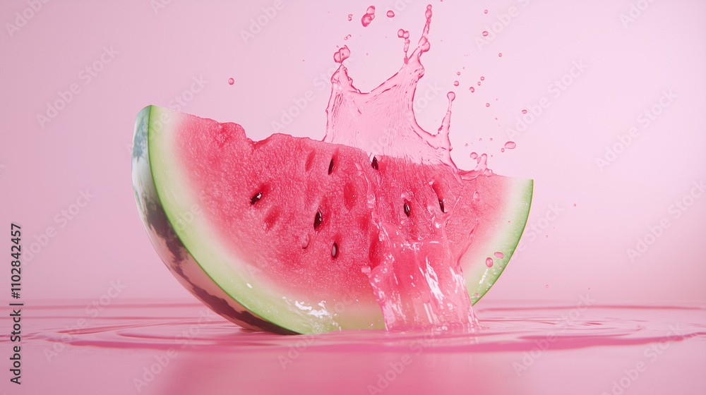 Poster watermelon splash: a vibrant slice of juicy watermelon creates a dynamic splash of pink liquid again