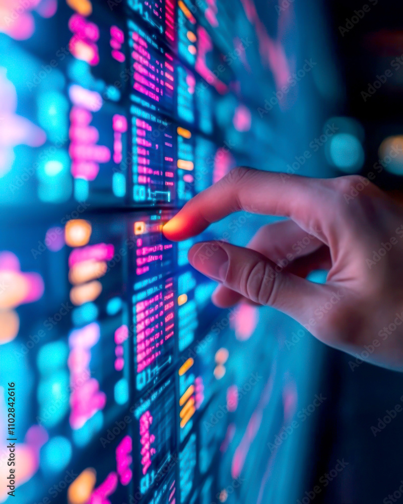 Poster futuristic hand interacting with a digital display interface.