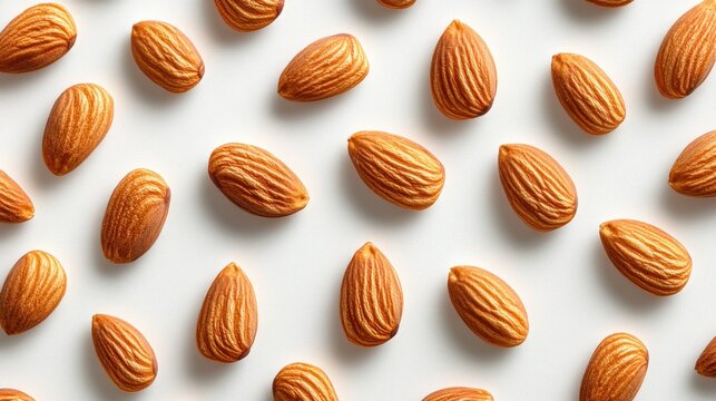 Almonds arranged in a pattern on a white background.