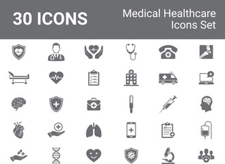 Medical Healthcare Icons Bundle, Set. Vector Illustration.
Hospital, Doctor, Ambulance, Emergency, medical equipment. Icon Set