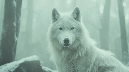 Obraz premium Arctic Wolf in Misty Forest: A majestic white wolf with piercing blue eyes gazes intensely through the swirling mist of a dense forest. The serene.