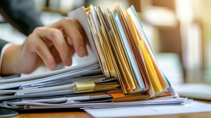 A person is sorting through a pile of papers on a desk