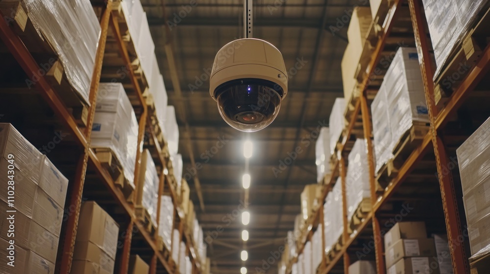 Poster a security camera hangs in a warehouse aisle filled with stacked boxes.