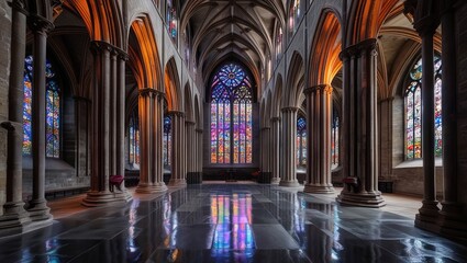 Fototapeta premium Awe-inspiring interior of a cathedral, showcasing stunning stained-glass windows and majestic architecture. Light streams through the vibrant glass, illuminating the stone pillars and polished floor.