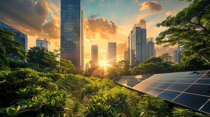 Fototapeta premium Urban Skyline Embracing Sustainability Amidst Nature's Embrace at Sunset Glow Overewhelming