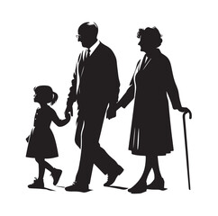 grandparents walking with granddaughter vector silhouette Illustration 