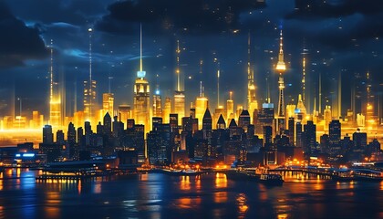 Fototapeta premium vibrant city skyline illuminated by digital lights at night