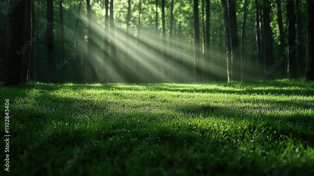 Poster Sunlight filtering through trees in a lush green forest.