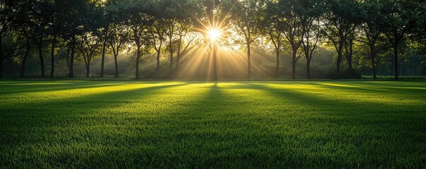 Obraz premium Sunlight filtering through trees onto a vibrant green field.