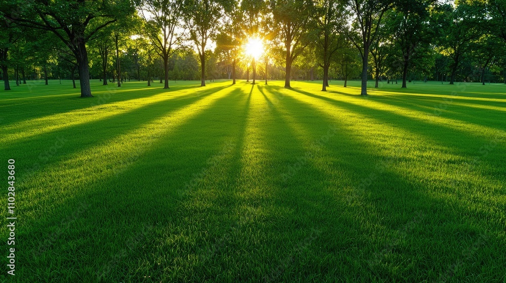 Poster sunlight shining through trees onto lush green grass with long shadows.
