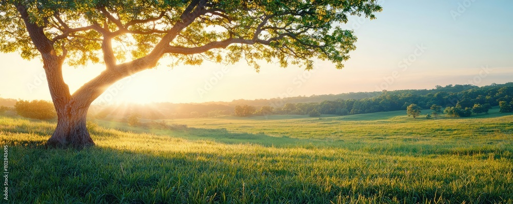 Poster a serene landscape featuring a large tree under a golden sunset in a vast field.