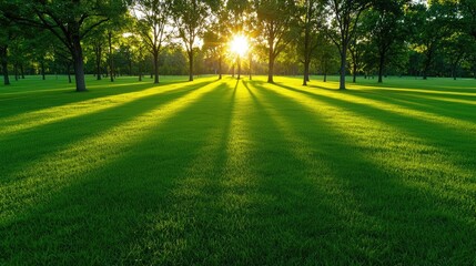 Fototapeta premium Sunlight shining through trees onto lush green grass with long shadows.