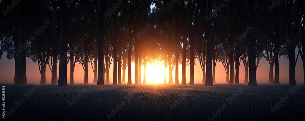 Poster sunrise through trees, creating a serene and peaceful atmosphere.