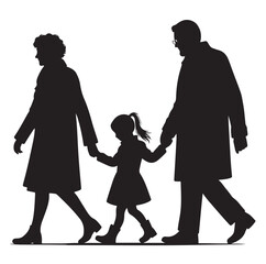grandparents walking with granddaughter vector silhouette Illustration 