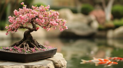A serene bonsai tree with pink blossoms beside koi fish in a tranquil pond.