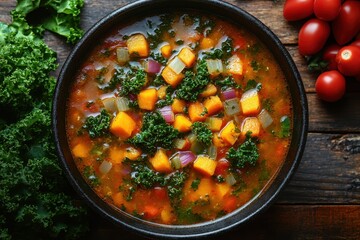 Autumn vegetable soup with pumpkin, kale, and lentils, highlighting hearty and healthy dining.