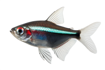 A beautiful black neon tetra fish (Paracheirodon innesi) on isolated white background. 