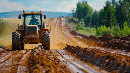 Grader Leveling Surface on a New Road Amidst Nature's Serenity and Dusty Trails of Progress