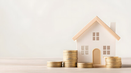 house model next to stacks of coins symbolizes financial investment and savings. This conveys concept of home ownership and wealth accumulation