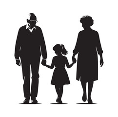 grandparents walking with granddaughter vector silhouette Illustration 