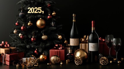 Elegant Christmas Celebration with Wine Bottles, Golden Ornaments, and Festive Gifts, Perfectly Capturing the Spirit of the Holiday Season in 2025