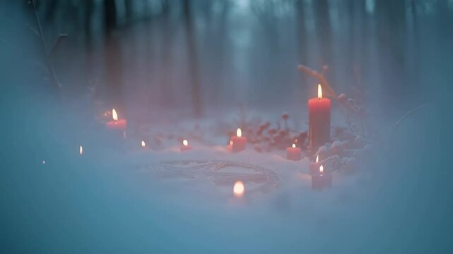 Pagan star shaped pentagram symbol with red candles in winter forest. Winter solstice holiday. Yule, Imbolc, Samhain. Wiccan pagan religion. Magic or esoteric dark ritual, satanism cult