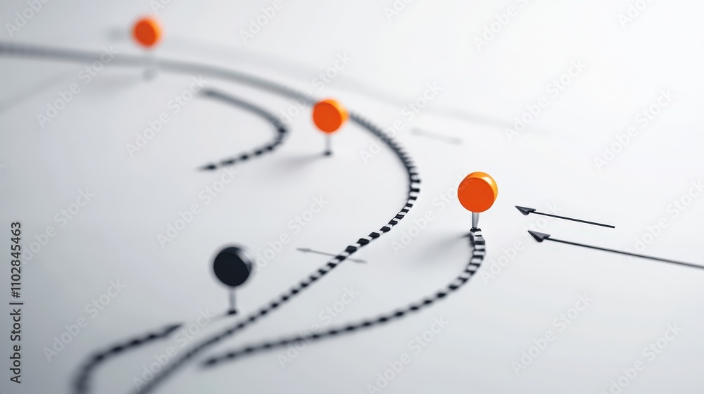 Poster abstract representation of navigation and decision-making through a series of dotted paths and marke