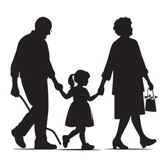grandparents walking with granddaughter vector silhouette Illustration 