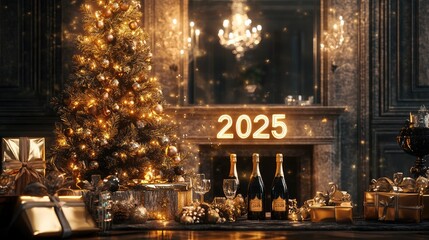 Obraz premium Festive New Year Celebration with Elegant Champagne, Decorated Christmas Tree, and Golden Gifts for a Glamorous Welcome to 2025