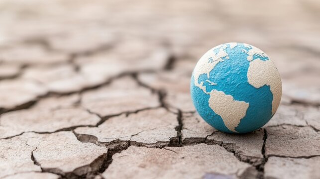 A small globe sits atop cracked earth, symbolizing environmental issues and the urgent need for global awareness regarding climate change.