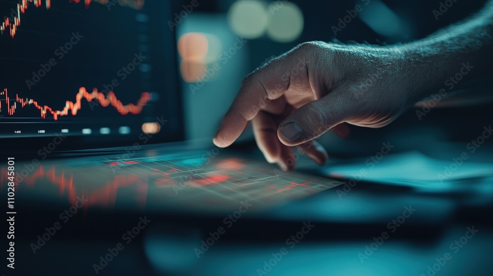 Poster business professional analyzing digital stock market data on tablet with candlestick charts and grap