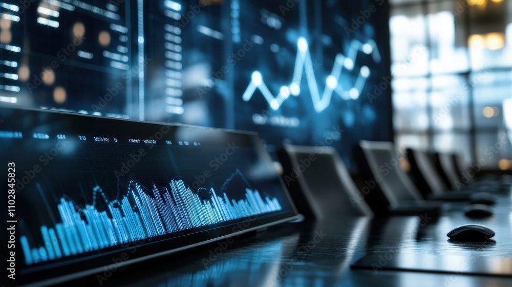 Poster Modern Conference Room with Data Visualization on Display Screens, Business Analytics, Graphs, and Charts Representing Financial Growth Concepts