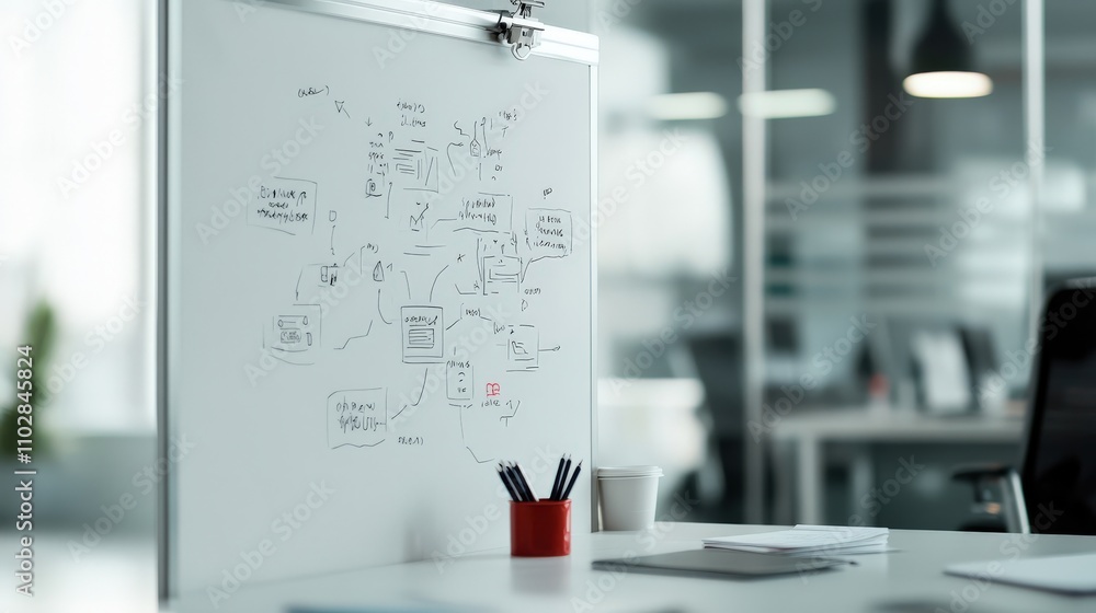 Poster creative workspace with whiteboard illustrating innovative ideas and concepts in modern office envir