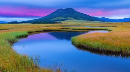Obraz premium Serene Sunset Mountain Lake Grasslands Peaceful Landscape Photography