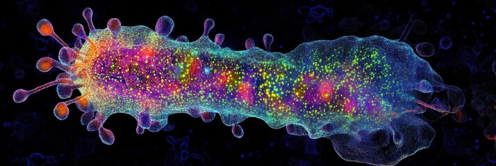 A vibrant, microscopic image of a colorful organism, showcasing intricate patterns and textures against a dark background.