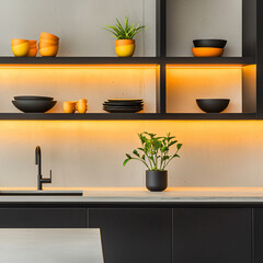 Modern Kitchen Interior with Warm Lighting and Stylish Decor