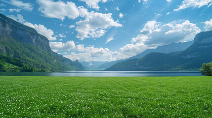 Obraz premium A large green field with a lake and mountains in the background.