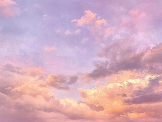 Light pink clouds in sunset blue sky. Pastel colors of clouds, sunrise sundown natural background