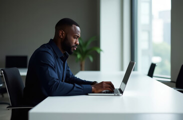 African American businessman in business suit working on laptop