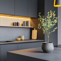 Modern Dark Grey Kitchen Interior Design with Wooden Accents and Greenery