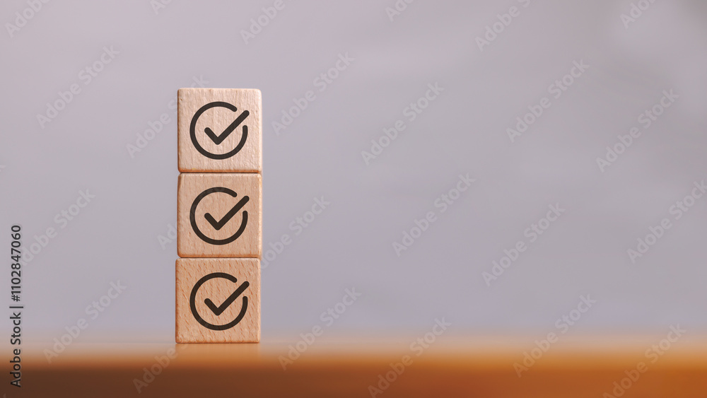 Poster stacked wooden cube block with check mark icon represent job checklist or task list in survey or ass