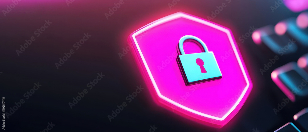 Poster protection against hacking and cyber attacks concept. a vibrant shield icon with a padlock symbolize