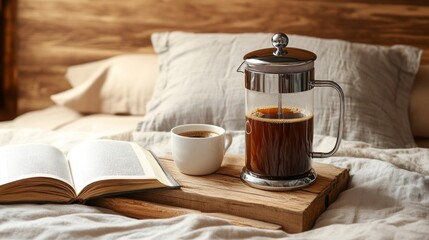 A coffee pot with a cup of coffee next to a book on a bed