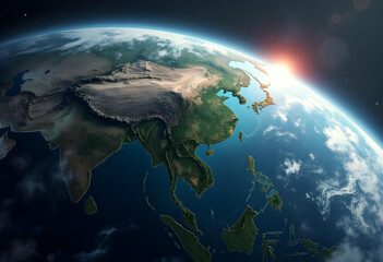 stunning view of Earth from space, showcasing Asia and Pacific Ocean at sunrise. vibrant colors and textures highlight planet natural beauty and geographical features