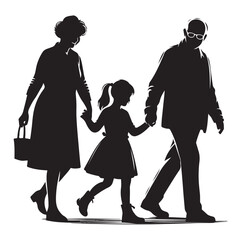 grandparents walking with granddaughter vector silhouette Illustration 