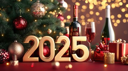 Festive Celebration Scene with Golden 2025, Wine Bottles, Glass, Gifts, and Christmas Tree Lights in a Warm Holiday Atmosphere