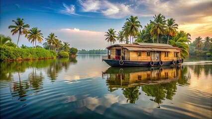 House boat floating on serene river in Kerala , Kerala, India, backwaters, traditional, houseboat, cruise, travel, tourism