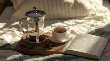 A coffee cup and a book are on a wooden tray