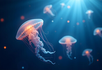 Jellyfish swimming gracefully in deep blue water, illuminated by soft light, creating serene underwater scene filled with vibrant colors and ethereal beauty